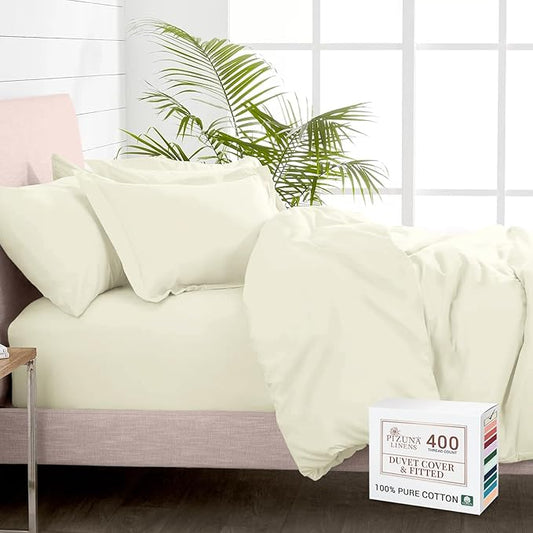 Pizuna 100% Cotton Queen 3 Pc Duvet Cover + 1 Pc Fitted Sheet Set 400 Thread Count Off White Sateen Weave Luxurious Long Staple Cotton 4 Piece Bedding Set -1 Duvet Cover,2 Pillow Shams,1 Fitted Sheet