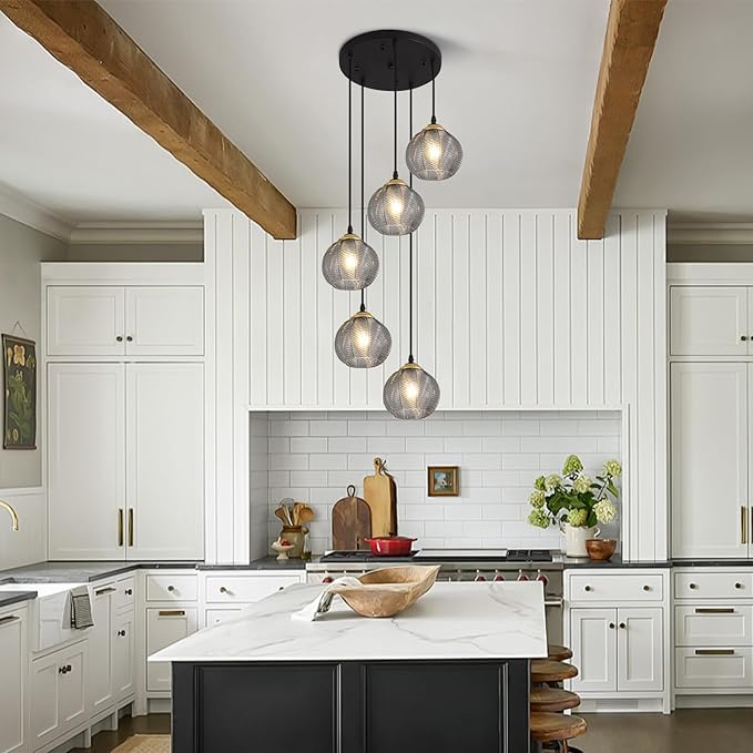 KCO Lighting Round Glass Pendant Lighting 5 Light Farmhouse Cluster Chandelier Black Kitchen Pendant Lighting Smoke Glass Cluster Pendant Light Mid Century Modern Globe Chandelier