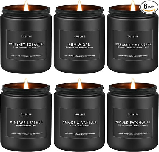 Scented Candles Set | Gifts for Men - 6Pack Candle Set - Masculine Candle, Soy Candles for Home Scented, Aromatherapy Gift - Fragrance of Smoke Vanilla/Leather/Mahogany/Tobacco/Oak/Amber Patchouli