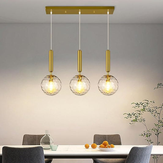 Mid Century Globe Pendant Light with Clear Glass for Kitchen Island Modern Gold Finish Hanging Light Fixture Retro Round Pendant Lighting for Living Room Bedroom Entryway(3-Light)