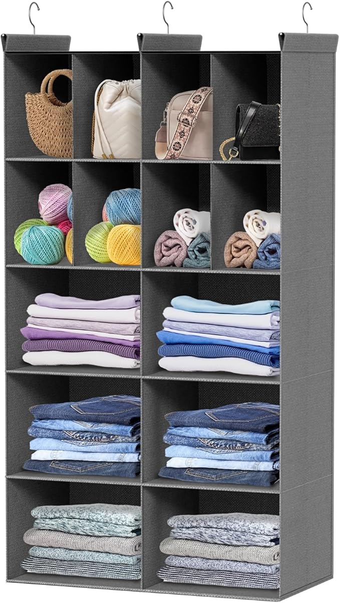 5 Tier Hanging Closet Organizer, 14 Compartments Sweater Organizer for Closet with 3 Sturdy Hooks, Closet Organizers and Storage, Wardrobe, Rv, Garment Rack, Grey