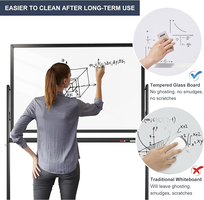 Mobile Clear Glass Whiteboard on Wheels - TANKEE 48" x 32" Dry Erase Board with Stand, Large Rolling White Board with 25 Sheets Paper Pad, Transparent Tempered Glass Board for Office Home School