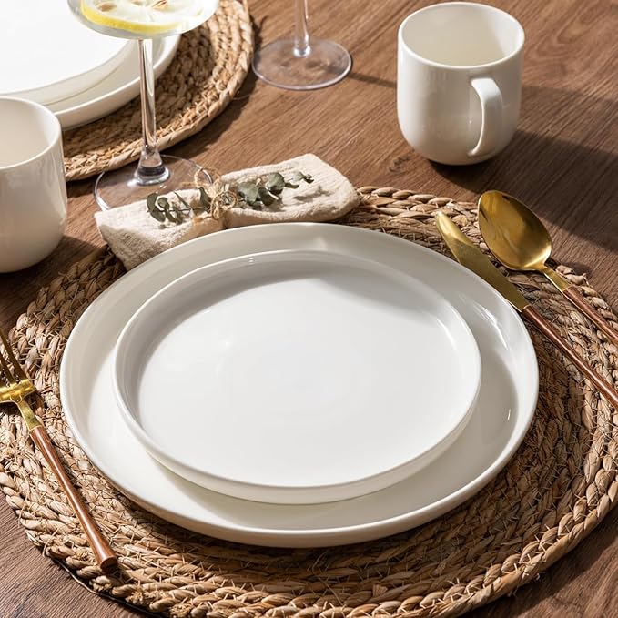 Ceramic Dinnerware Sets for 4,Handcraft Wavy Rim Stoneware Plates and Bowls Sets,Highly Chip and Crack Resistant | Dishwasher & Microwave & Oven Safe Dishes set,Service for 4 (12pc)-White &Wave