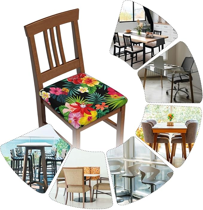 Seat Covers for Dining Room Chairsset of Set of 4, Hawaiian Floral Flower Stretch Chair Seat Covers Cushion Slipcovers for Kitchen Office