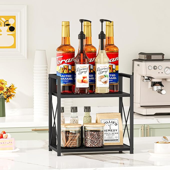 Giikin Countertop Organizer, 2 Tier Coffee Station Organizer for Desktop, Wood Counter Shelf Spice Rack for Kitchen (Black, M)