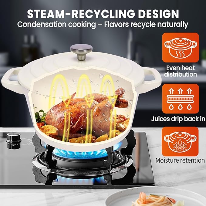 Hisencn Stackable Enamel Cookware Set, 5-Piece – 5.2QT Pot with Lid, 10-in Skillet, 4QT Frying Pan with Universal Glass Lid, Space-Saving Design, Oven and Stovetop Safe (Up to 500°F), Cream White