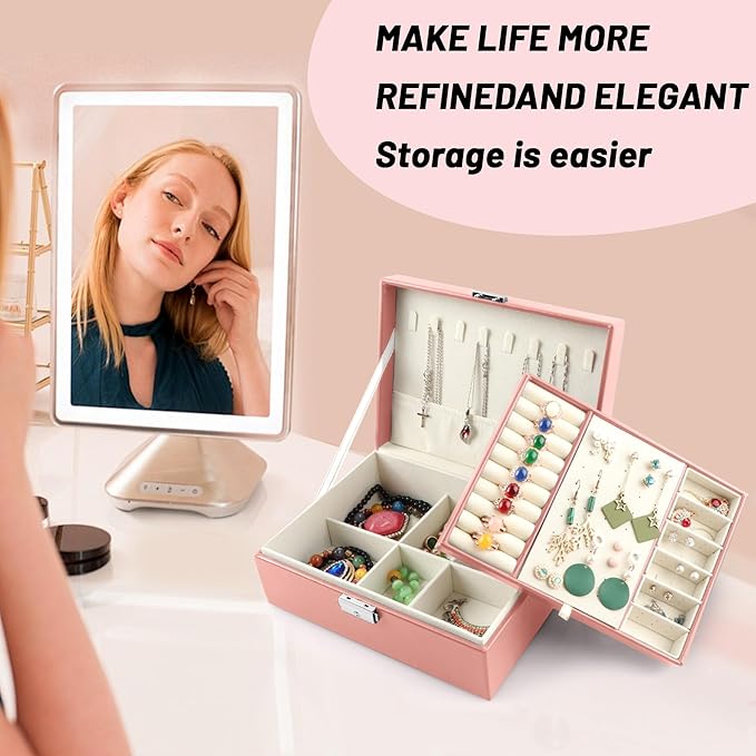 Homeanda Jewelry box 2 layer Jewelry box Leather Jewelry boxes for Women Girls Teens Jewelry organizer box Jewelry Storage box with lock(Pink)