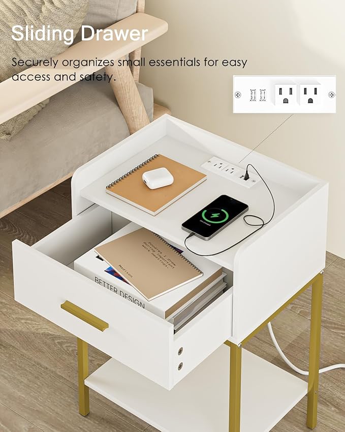 Masupu Nightstand with Charging Station,3-Tier Modern Bedside Night Stand with Storage Drawer and Shelf,Small End Side Table for Bedroom,Living Room,White