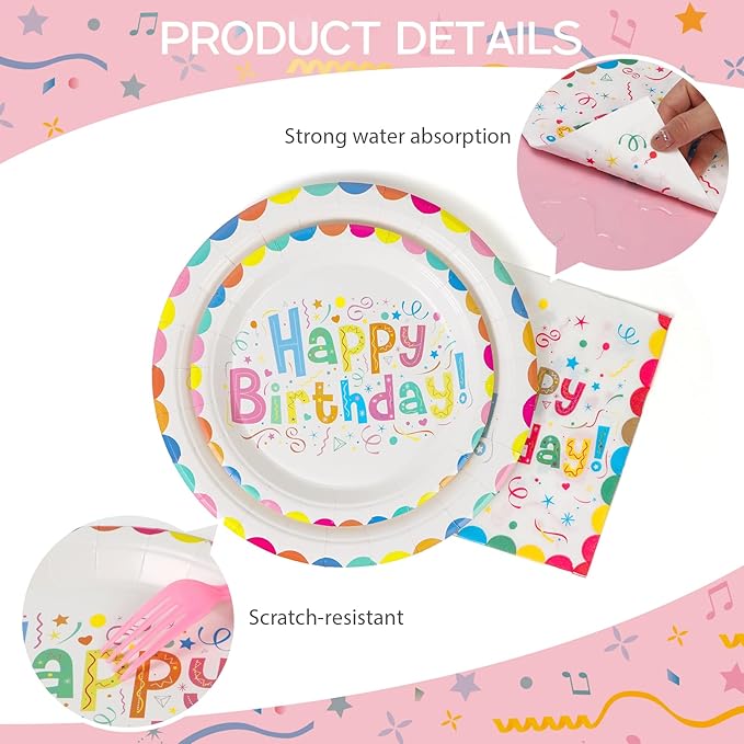 100pcs Birthday Party Plates Disposable Tableware Set Colored Semicircles Paper Plates for 25 Guests Party Supplies Baby Shower(Include 7" & 9" Plates, Cups and Napkins)