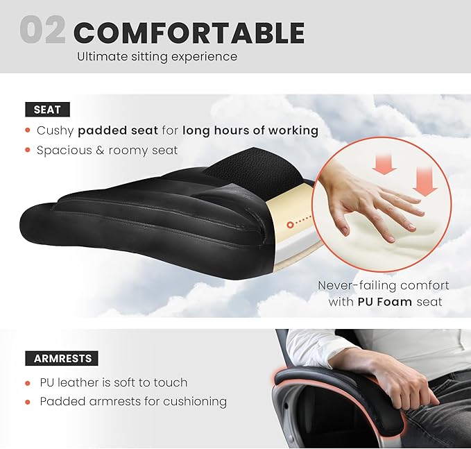 NEO CHAIR Office Desk Ergonomic Gaming Chair High Back Adjustable Computer Chair with Wheels and Lumbar Support Comfy Leather Executive Swivel (Jet Black)