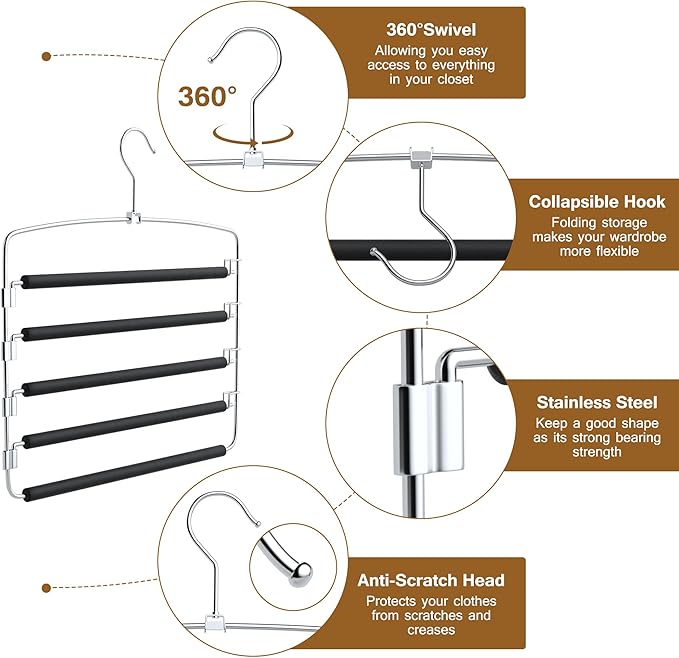 Pants Hangers Space Saving, 2 Pack Anti-Slip Space Saving Hangers, 5 Layer Swing Arm Pants Hanger Stainless Steel with Non-Slip Padding, Closet Organizers & Storage for Pants Trousers Jeans