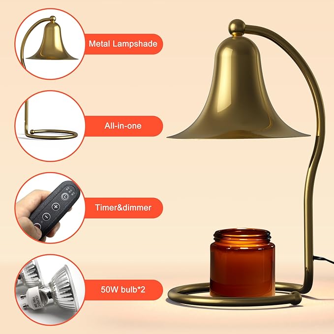Candle Warmer Lamp for Jar Candles,with Timer and Dimmer,Adjustable Brightness,All Metal Lamp Body,Suitable for Aromatherapy Waxes Gold Trumpet-Shape