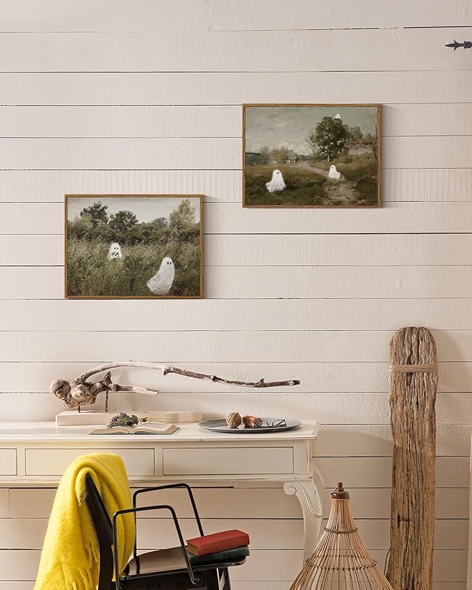 InSimSea Framed Canvas Wall Art, Vintage Halloween Decor With Cute Ghosts, Indoor Bedroom Bathroom Living Room Pictures, Landscape Prints, 12"x16"