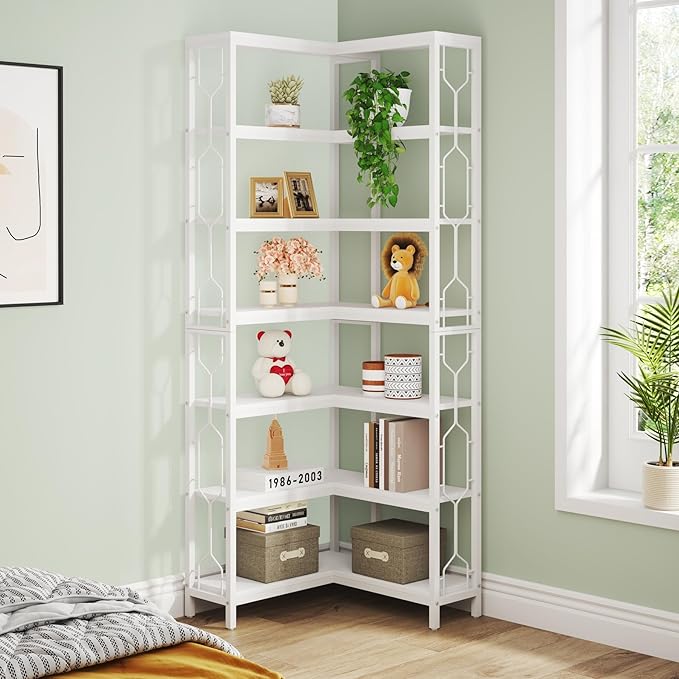 Tribesigns Corner Shelf, 7-Tier Industrial Corner Bookshelf, Wood and Metal Corner Etagere Bookcase, Freestanding Display Shelf for Living Room, Kitchen, Home Office, White