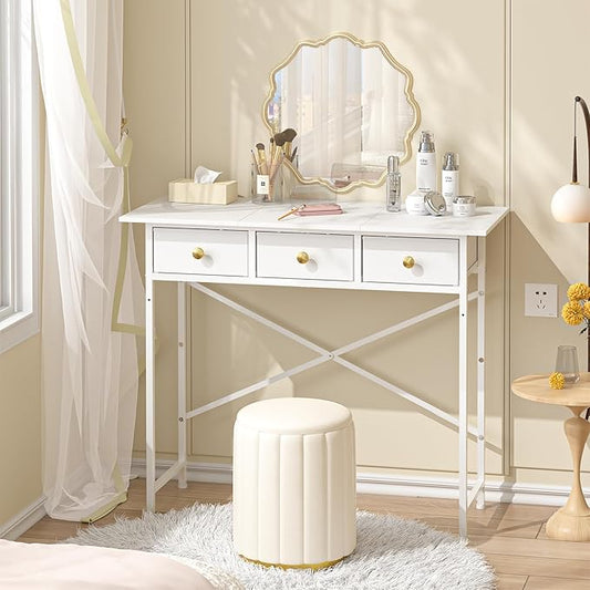 Small Makeup Vanity Desk No Mirror, 37.2 Inch Vanity Desk with 3 Drawers, Girls Vanity Dressing Table for Bedroom, Small Vanity for Small Spaces, White