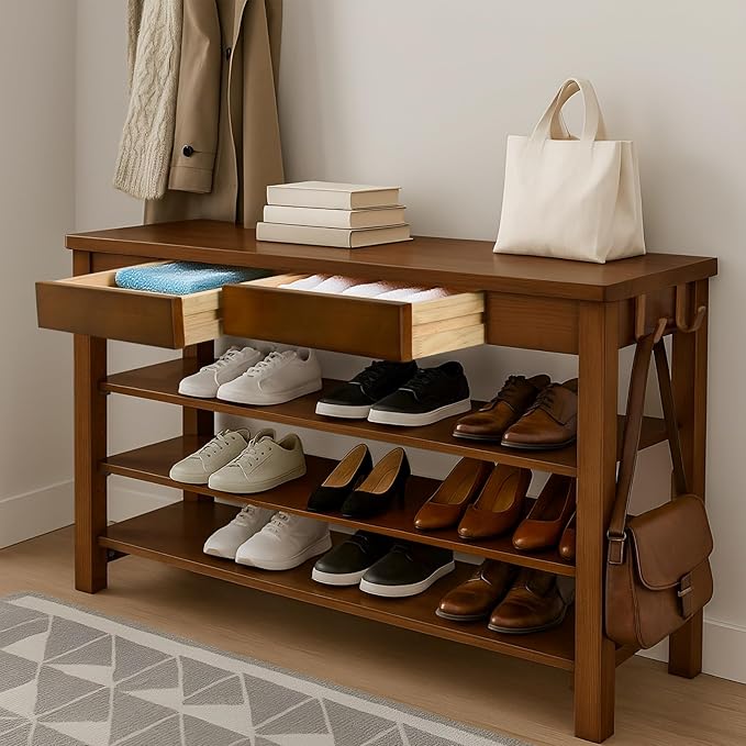 Wood Shoe Bench Entryway with Drawer: 3-Tiers Wooden Storage Shoe Rack with Bench Seat, Compact Mid-Century Modern Design for Entryway,Hallway, Closet,Front Door Entrance,Foyer Walnut 39.3"