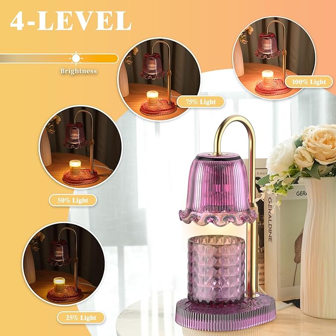 Candle Warmer Lamp with Adjustable Height - Flameless 4-Level Dimmable Wax Warmer, Timer Function & Stylish Design in Multiple Colors（Purple）