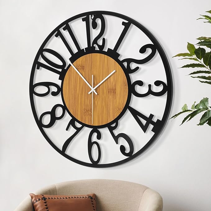 LEIKE Large Wall Clocks,Silent,Non Ticking,Battery Operated Rustic Round Modern Big Wood Wall Clock for Living Room, Bedroom,Kitchen,Farmhouse,Office,Home Decor