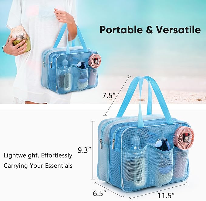 Large Mesh Shower Caddy with Wet & Dry Zones – Portable Hanging Toiletry Bag for College Dorm Room Essentials, Travel, Gym, Camping, Beach Tote Bag – Quick-Dry Shower Tote Organizer