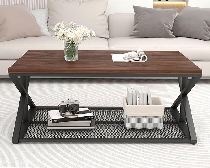 IBF Walnut Coffee Table with Storage, Industrial Wood Metal Rectangle Living Room Table, Vintage 2 Tier Middle Center Table with Mesh Shelf, Walnut, 47 inch