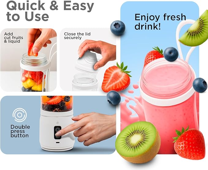 Rechargeable Smoothie Blender 700ml – Portable Mini Travel Blender for Shakes and Smoothies with Six Stainless Steel Blades and USB Charging (White)