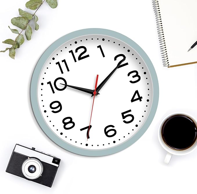Wall Clock Silent Non-Ticking Modern Clock Battery Operated10 Inch Small Classic Analog Decorative for Kitchen, Bathroom, Office, Bedroom, Home(Blue Gray)