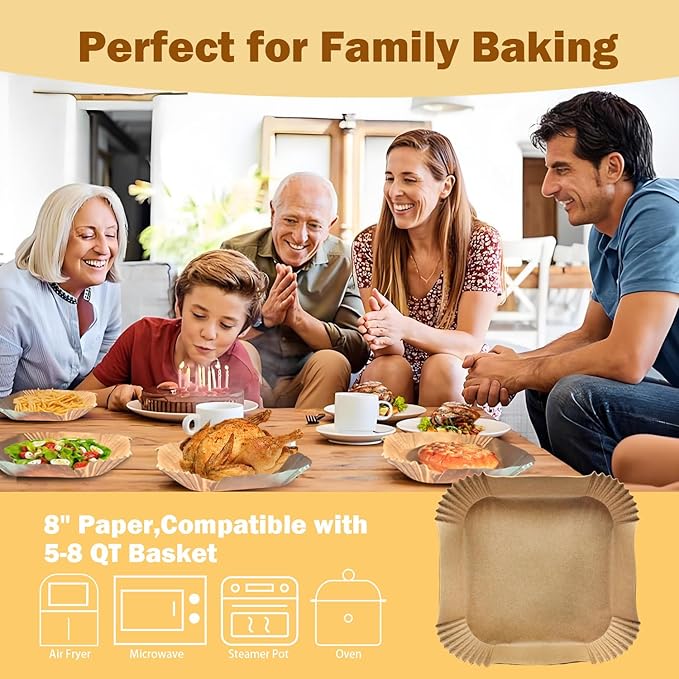 200 Pcs 8" Air Fryer Liner Square Baking Parchment Paper Airfryer Liners,Unbleached Disposable Non-stick & Non-Leak & Non-Washing Air Fryer Paper Liner for 5-8 QT Air Fryer Basket