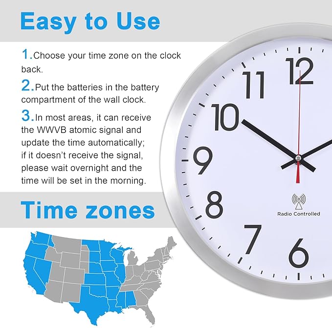 Atomic Analog Wall Clock, 14Inch Radio Controlled Sets Automatically WallClock, Aluminum Frame Wall Clock for Home School Office