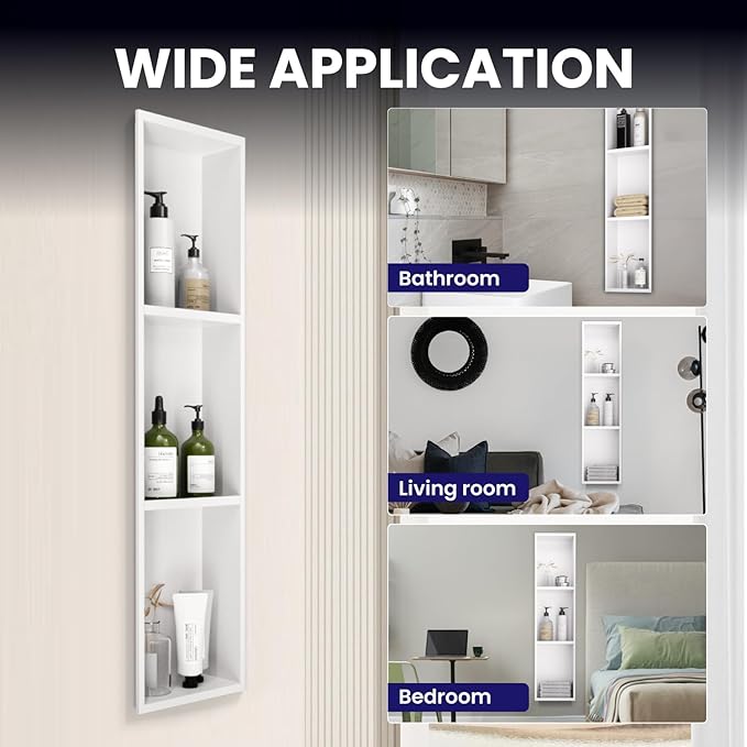 Stainless Steel Shower Niche 8" x 36", 3-Tier Shower Niches No Tile Needed, Recessed Niche for Shower Wall, Shower Niche Shelf for Bathroom Storage, White