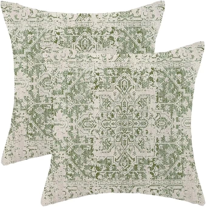 BETGINY Sage Green Ethnic Boho Throw Pillow Covers 18 x 18 Inch Pack of 2, Bohemian Carpet Pattern Decorative Pillow Cases Vintage Outdoor Linen Farmhouse Cushion Case for Bedroom Home Sofa Decor