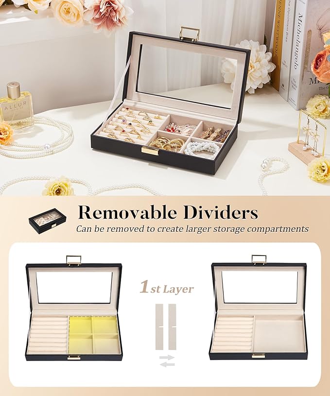 Homde Jewelry Tray Stackable Jewelry Box with Glass Lid, Removable Dividers for Vanity Table Gift Idea for Girls and Women (Black)