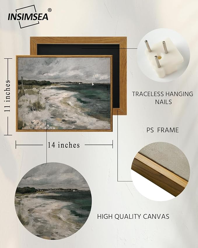 InSimSea Framed Canvas Wall Art Vintage Decor, Rustic Coastal Wall Art for Living Room, Storm Clouds Seaside Oil Painting Pictures for Bathroom Decor, Country Wall Art for Dining Room, 11"x14"
