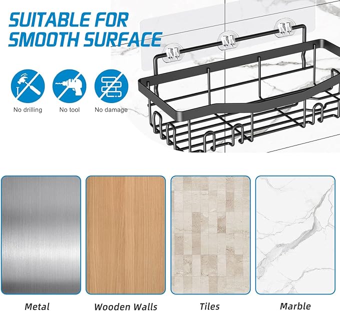 Adhesive Shower Caddy, No Drilling Bath Organizers 5 Pack, Rustproof Shelves with Soap Holder & Toothbrush Holder, Bathroom Organizers and Storage, Black