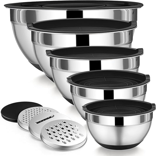 P&P CHEF Mixing Bowl with Lid Set, 5 Piece Stainless Steel Mixing Nesting Bowls for Salad Storage, 3 Grater Attachments & Non-Slip Bottoms, Size 1/1.5/2 / 2.6/4.6 QT, Black