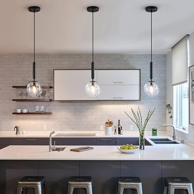 Modern Black Pendant Light Hanging Fixture Light for Kitchen Island Mid Century with Globe Pendant Light Clear Glass Pendant Lighting for Living Room Bedroom Entryway (2 Pack)