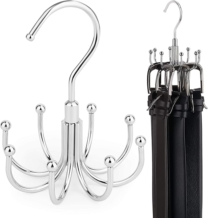 ZEDODIER Belt Hanger, 4 Pack Rotatable Belt Rack Closet Accessories Organizer, Maximum 24 Storage Capacity, Hanging Holder Storage Hook for Belt, Bra, Tank Top, Tie, Scarf, Purse, Silver
