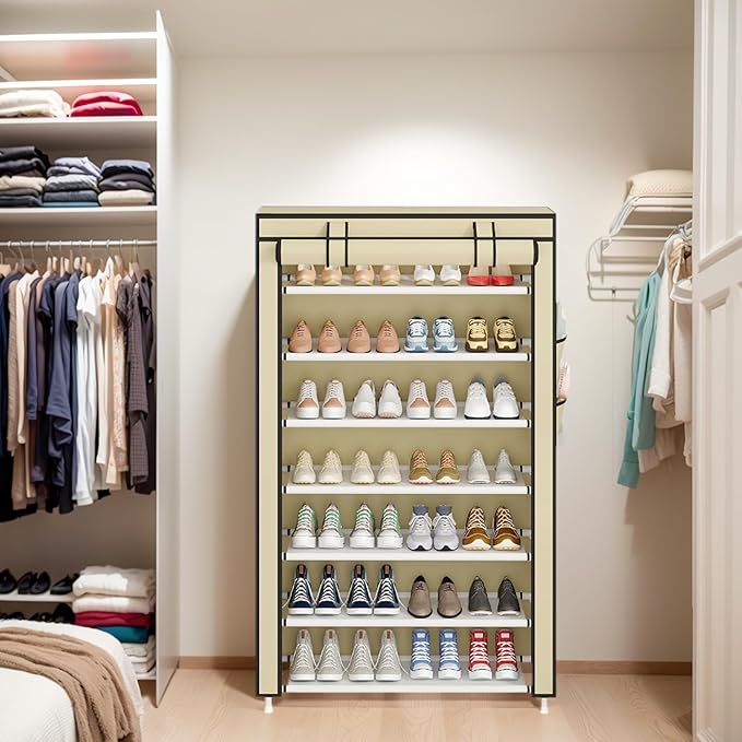 Laiensia 7-Tier Vertical Shoe Rack Organizer, Space Saving Shoe Storage Organizer, Non-Woven Cover Shoe Shelf Holds 28-35 Pairs for Bedroom, Hallway, Closet Entryway, Beige