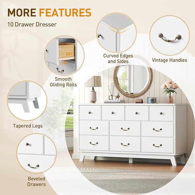 10 Drawer Dresser for Bedroom, 55.1" White Dresser & Chest of Drawers, Wooden Dressers with Vintage Metal Handle, Modern Storage Dressers TV Stand for Bedroom, Living Room, Hallway