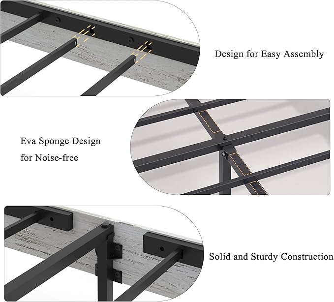Farmhouse Wooden Bed Frame Queen Size with Storage Headboard, Boho Platform Bedframe with LED Lights and Charging Station, Metal Slats Support, No Box Spring Needed, White