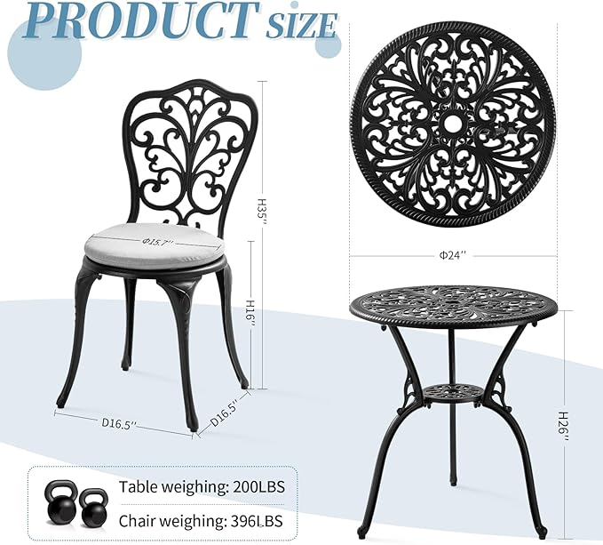 3 Piece Bistro Patio Set Cast Aluminum Bistro Table and Chairs Set of 2 with Cushion,Outdoor Bistro Table Set with Umbrella Hole,Metal Patio Furniture Set for Garden,Black