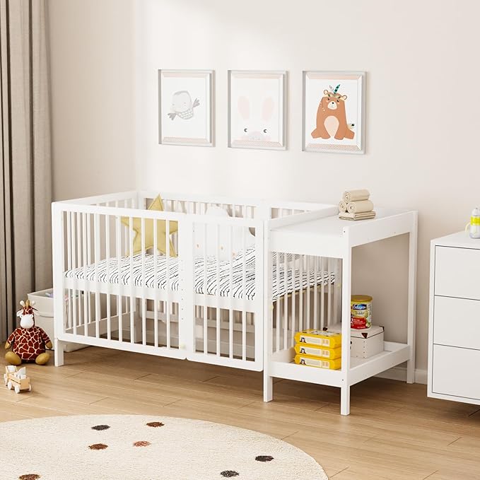 JOYMOR 8 in 1 Convertible Crib with Changer, Include 2” Mattress, Converts to Bassinet, Mid Crib, Full Size Crib, Daybed,Toddler Bed and Playard (Crib with Changer, White)