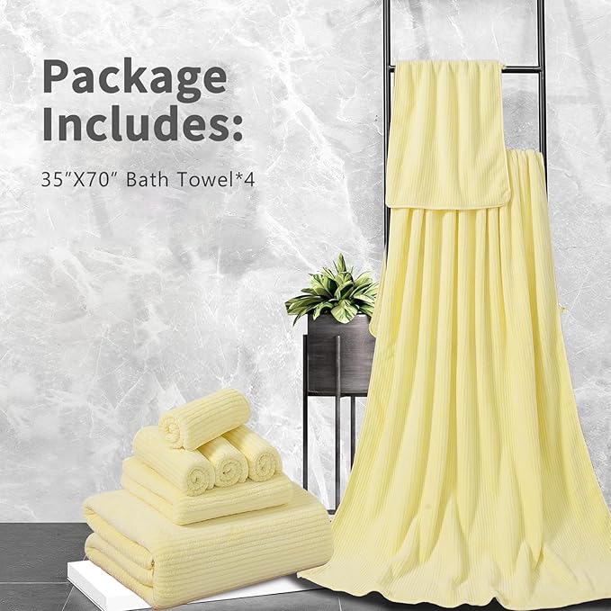 4 Piece Bath Towel Set 35"x70"Oversized Bath Towel for Bathroom Ultra Soft Fluffy Extra Large Bath Sheet Luxury Premium Bathroom Towel Highly Absorbent Quick Dry Shower Towel for Hotel Spa,Yellow