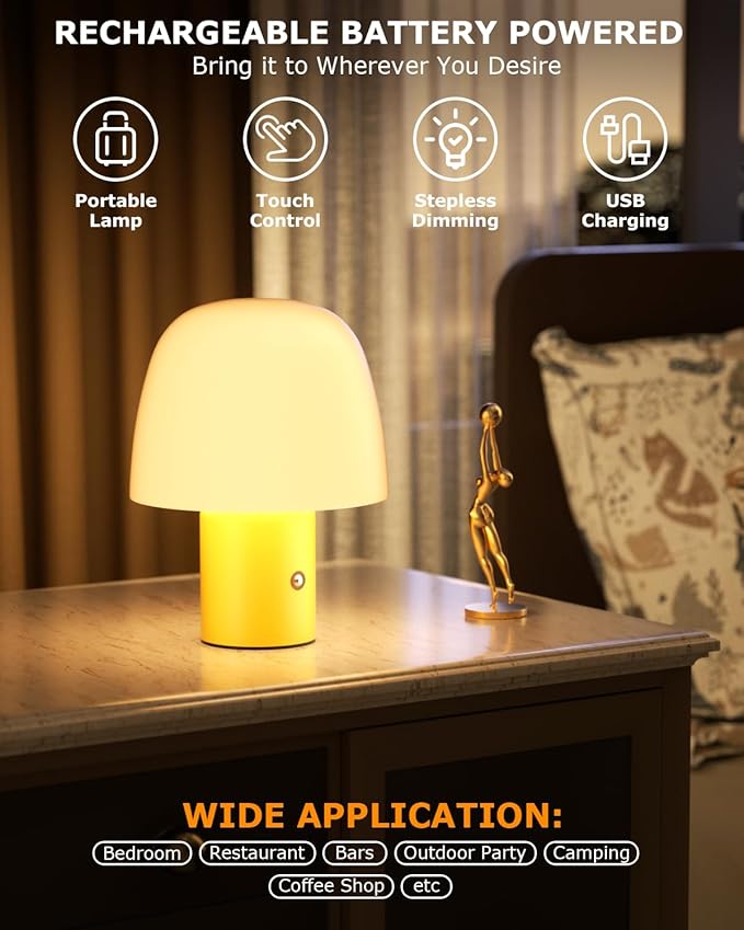 Portable LED Table Lamp, Cordless Desk Lamp Rechargeable, 3-Color Touch Stepless Dimming Night Light for Bedroom/Children's Room/Terrace/Dining Room/Cafe (Yellow)