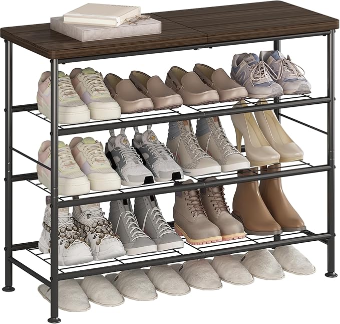 Shoe Rack Organizer 4 Tier for Closet Entryway Free Standing Metal Storage Shoe Shelf with MDF Top Board，Black