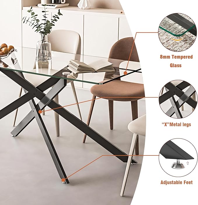 60" Rectangular Glass Dining Table Modern Kitchen Glass Top Table for 6 with Black Metal Legs, Clear Dining Table Kitchen Table for Home Office Dining Room