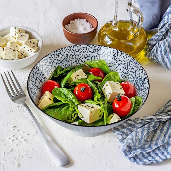 38 oz Japanese Ramen Bowl Set of 6 - Large 8 Inch Ceramic Soup Bowls, Blue and White Japanese Noodle Bowls for Pho, Ramen, and Salad - Mixing Patterns
