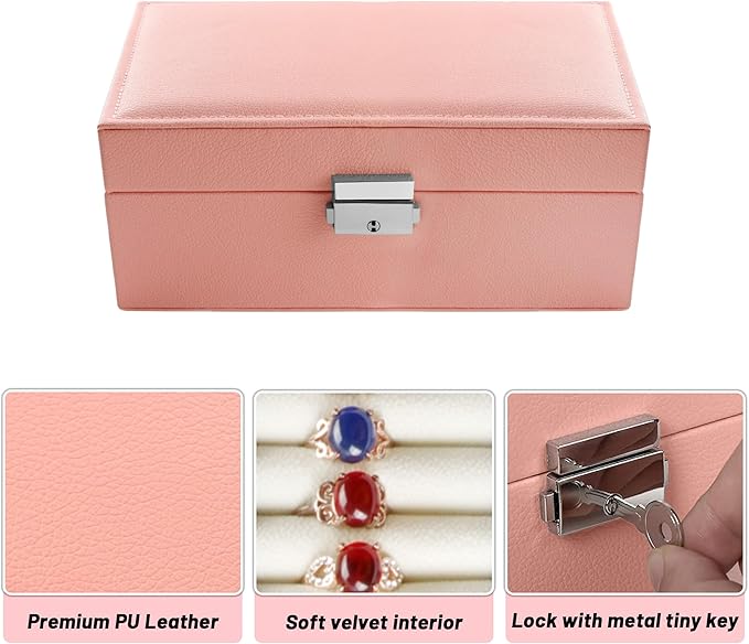 Homeanda Jewelry box 2 layer Jewelry box Leather Jewelry boxes for Women Girls Teens Jewelry organizer box Jewelry Storage box with lock(Pink)