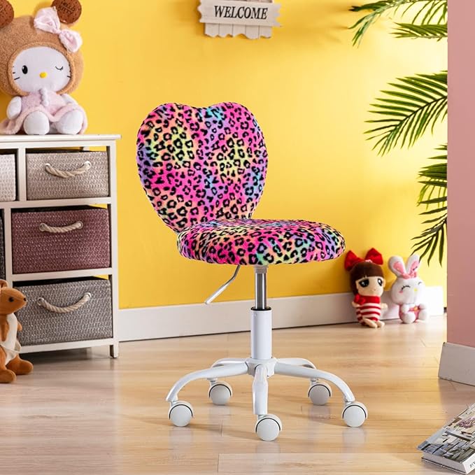 Cute Fuzzy Kids Chair for Teenage Girls Rolling Study Desk Student Chair Furry Computer Task Chair, Adjustable Heart Shaped Reading Vanity Chair for Bedroom, Leopard
