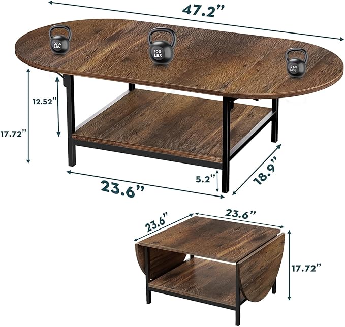 SAYGOER Folding Coffee Table for Living Room, Small Coffee Tables with 2-Tier Storage, Mid Century Modern Center Table for Small Space, Farmhouse Table Square, Dark Brown