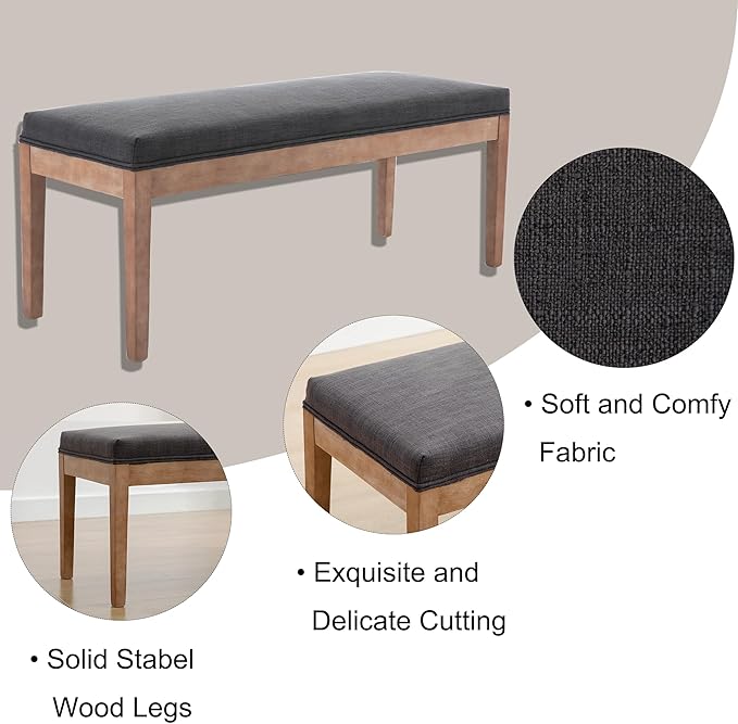 Upholstered Entryway Bench Farmhouse Shoe Benches for Hallway Porch Bedroom Bench for End of Bed Dining Bench for Dining Table Dining Room Kitchen Window with Wood Legs, Linen, Charcoal